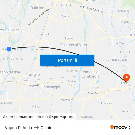 Vaprio D' Adda to Calcio map