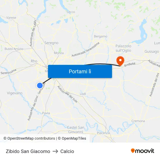 Zibido San Giacomo to Calcio map