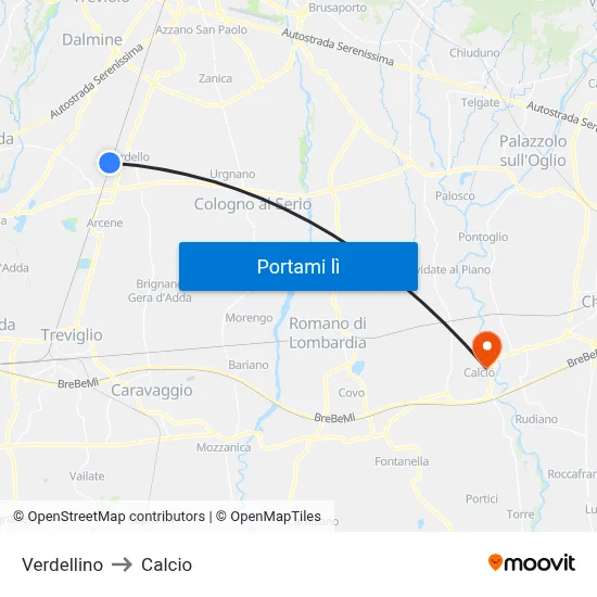 Verdellino to Calcio map