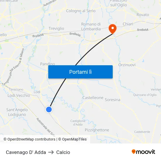 Cavenago D' Adda to Calcio map