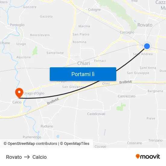 Rovato to Calcio map