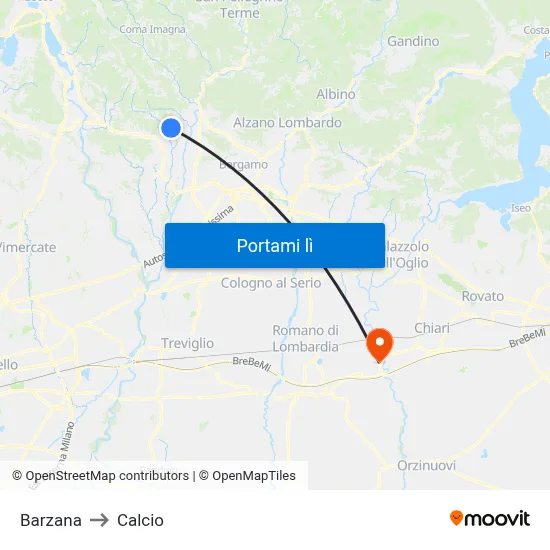 Barzana to Calcio map