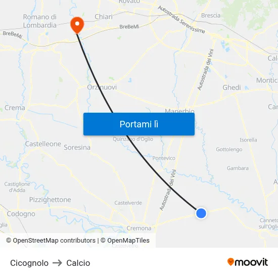 Cicognolo to Calcio map