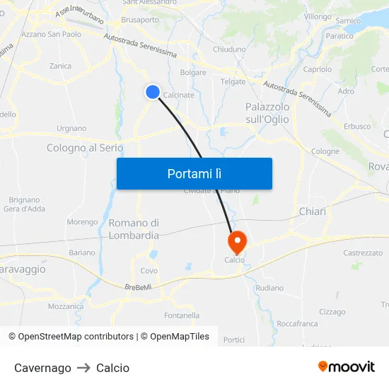 Cavernago to Calcio map