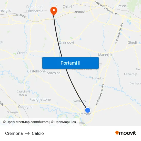 Cremona to Calcio map