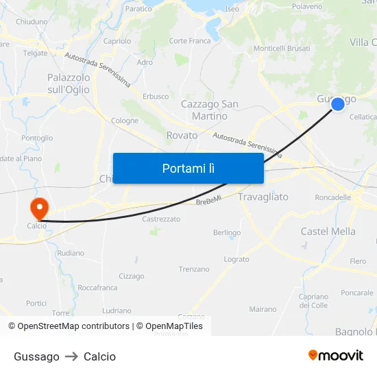Gussago to Calcio map