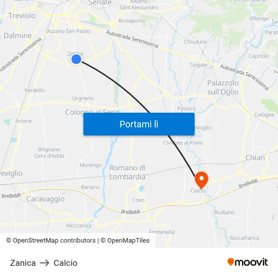 Zanica to Calcio map