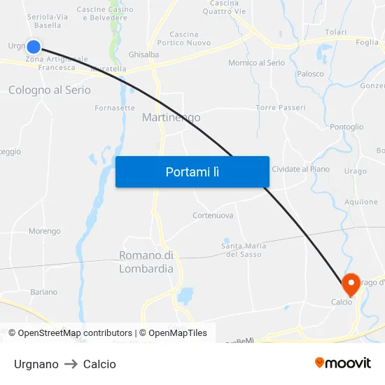 Urgnano to Calcio map