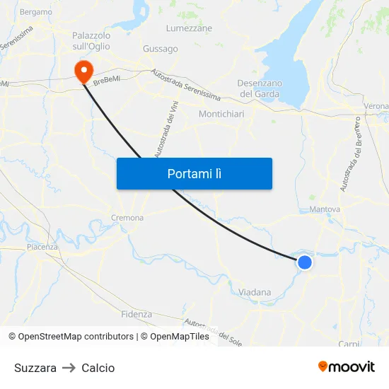 Suzzara to Calcio map