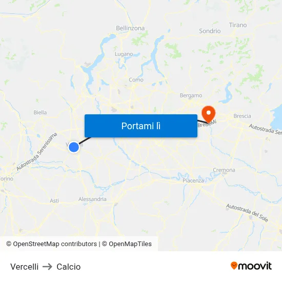 Vercelli to Calcio map