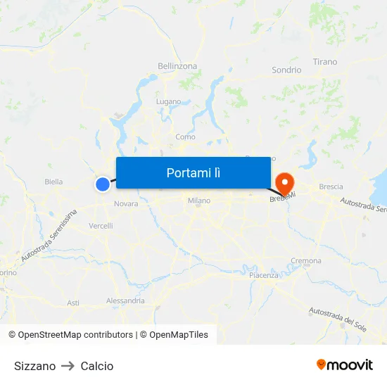 Sizzano to Calcio map