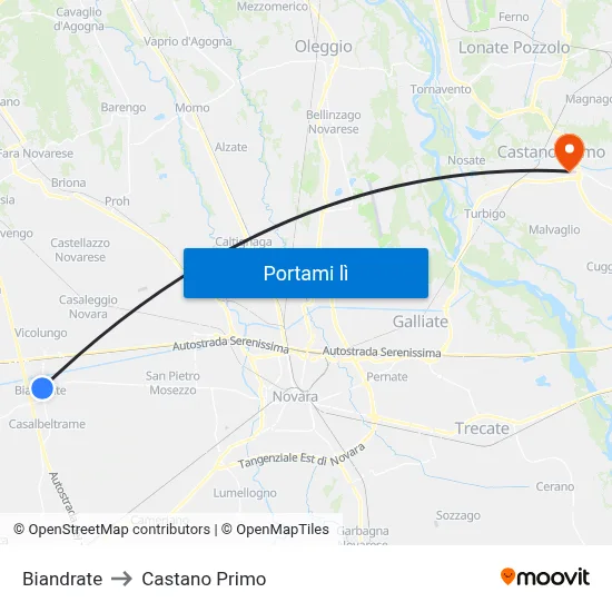 Biandrate to Castano Primo map