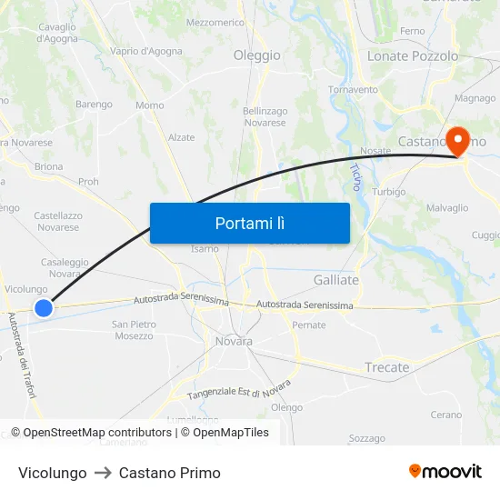 Vicolungo to Castano Primo map