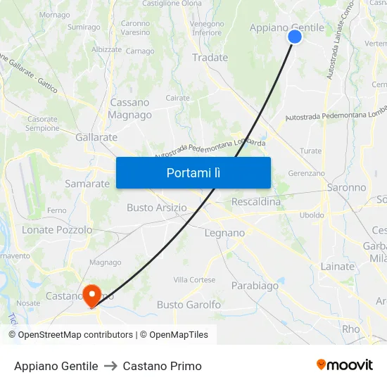 Appiano Gentile to Castano Primo map