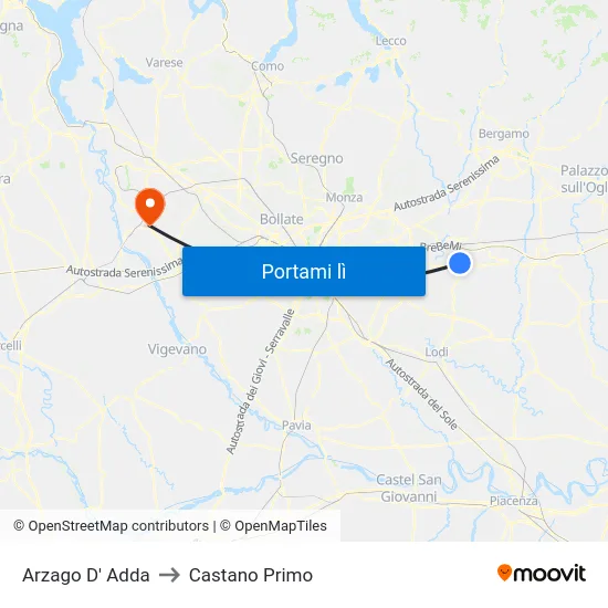 Arzago D' Adda to Castano Primo map
