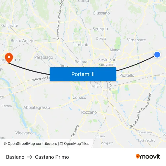 Basiano to Castano Primo map