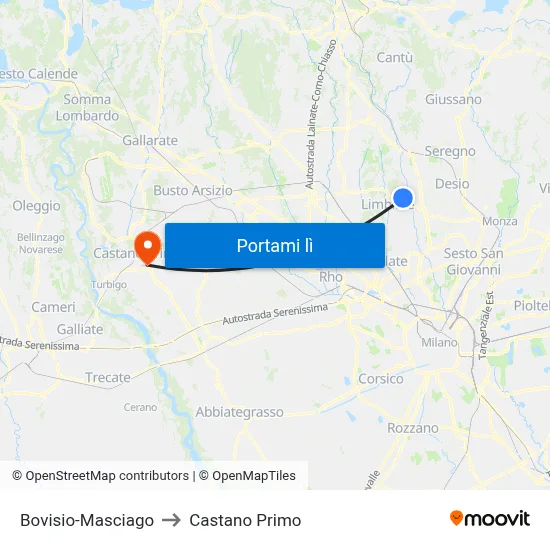 Bovisio-Masciago to Castano Primo map