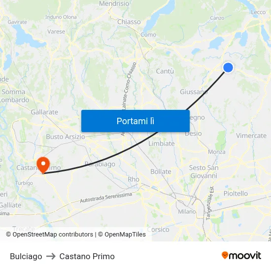 Bulciago to Castano Primo map
