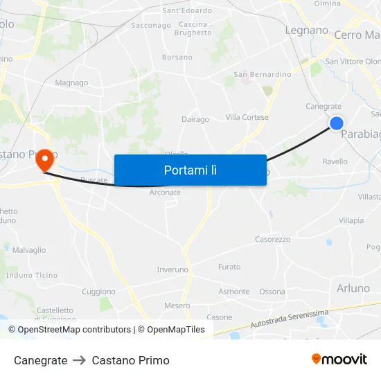 Canegrate to Castano Primo map