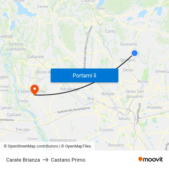 Carate Brianza to Castano Primo map