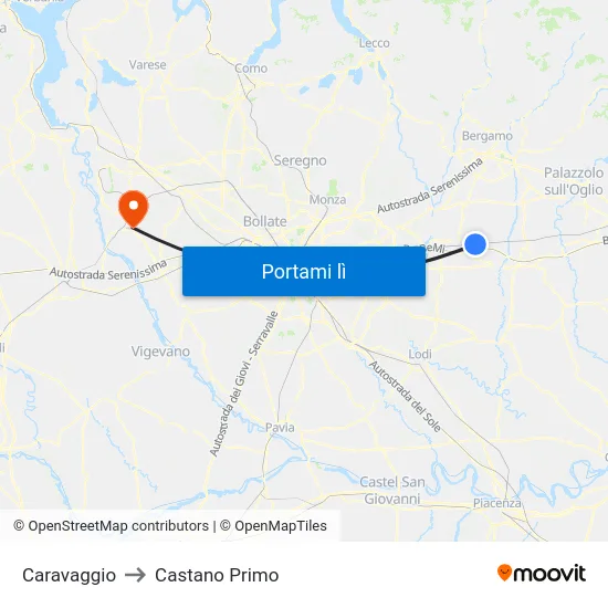 Caravaggio to Castano Primo map