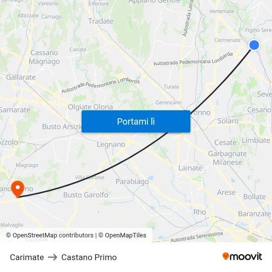 Carimate to Castano Primo map