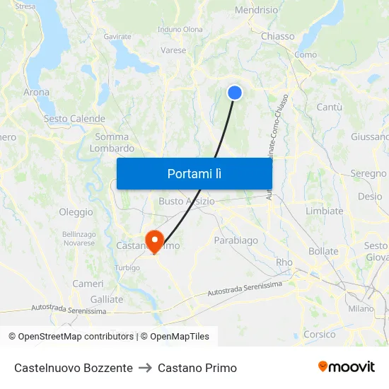 Castelnuovo Bozzente to Castano Primo map