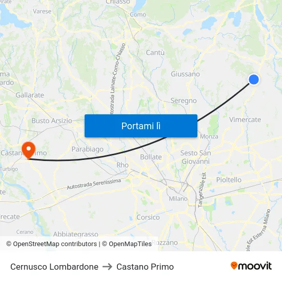 Cernusco Lombardone to Castano Primo map