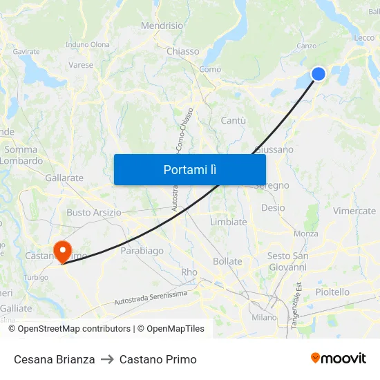 Cesana Brianza to Castano Primo map