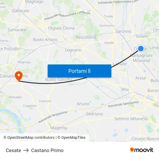 Cesate to Castano Primo map