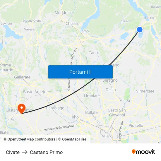 Civate to Castano Primo map