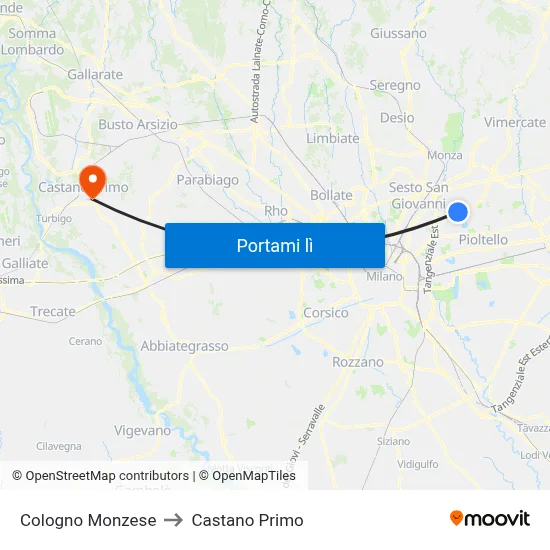 Cologno Monzese to Castano Primo map