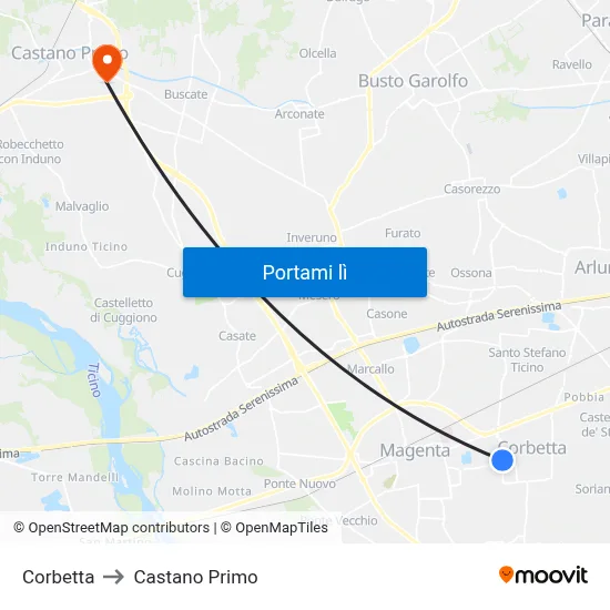 Corbetta to Castano Primo map
