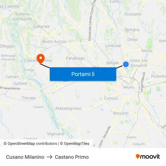 Cusano Milanino to Castano Primo map