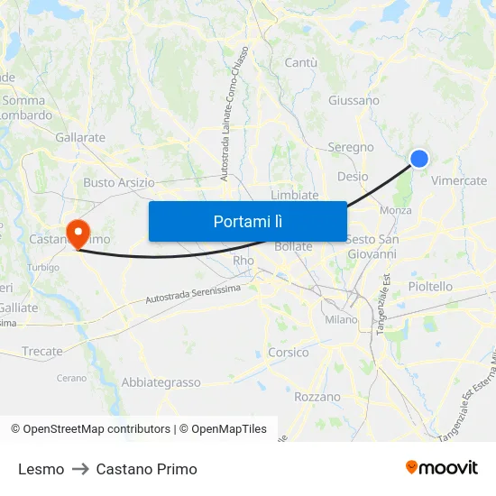Lesmo to Castano Primo map