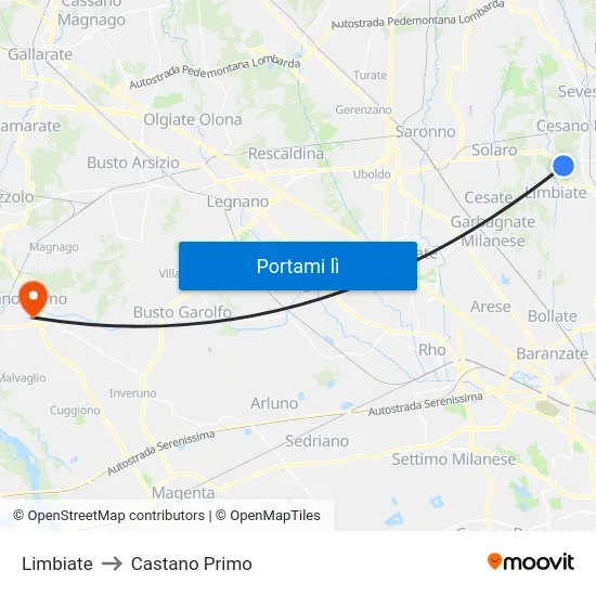 Limbiate to Castano Primo map