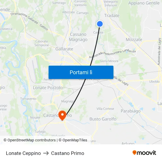 Lonate Ceppino to Castano Primo map