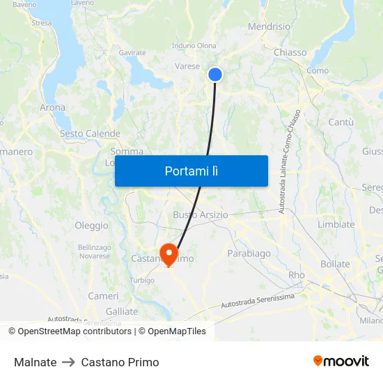 Malnate to Castano Primo map