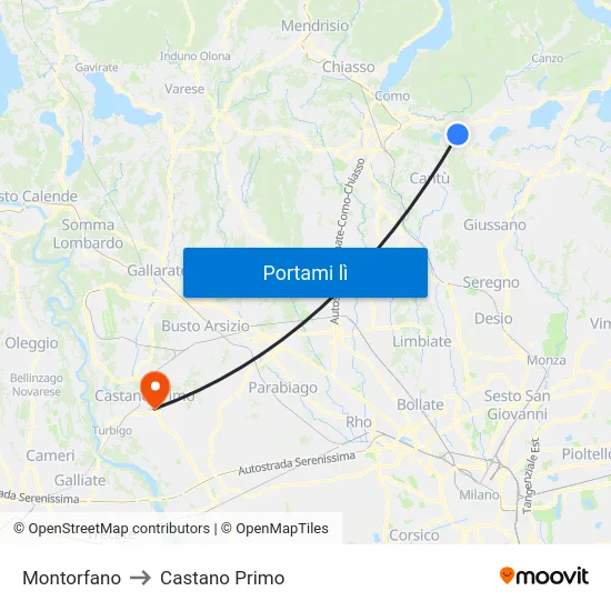 Montorfano to Castano Primo map