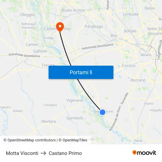Motta Visconti to Castano Primo map