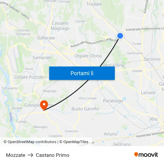 Mozzate to Castano Primo map