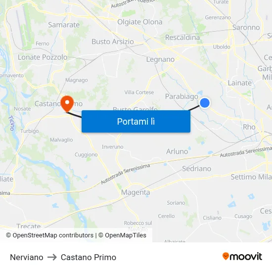 Nerviano to Castano Primo map