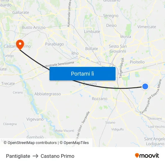 Pantigliate to Castano Primo map
