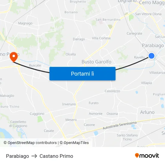 Parabiago to Castano Primo map