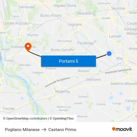 Pogliano Milanese to Castano Primo map