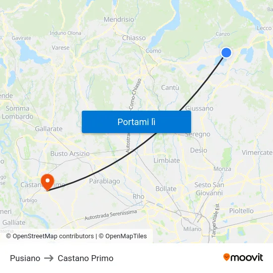 Pusiano to Castano Primo map