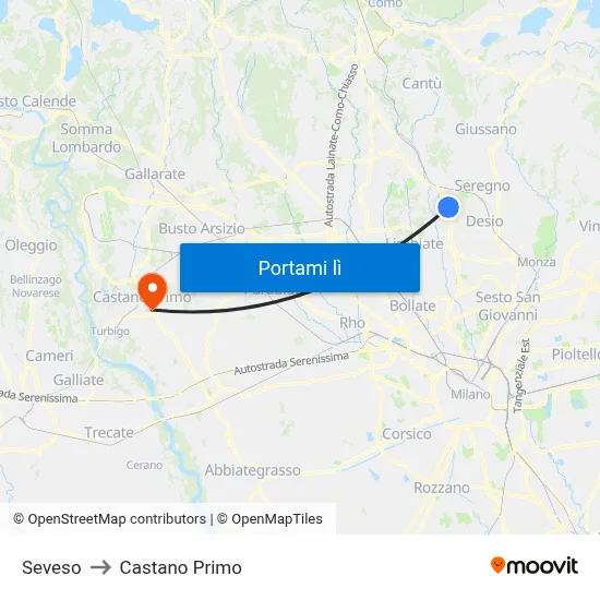 Seveso to Castano Primo map
