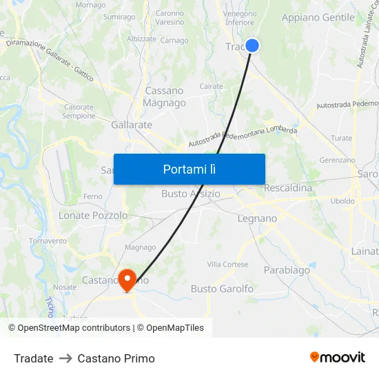 Tradate to Castano Primo map