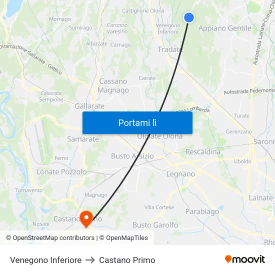 Venegono Inferiore to Castano Primo map