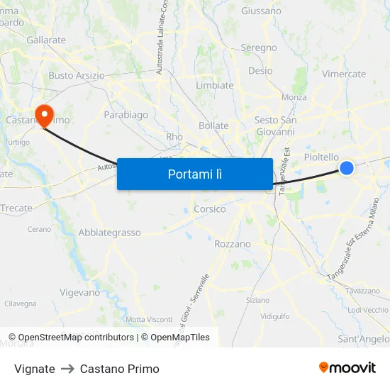 Vignate to Castano Primo map